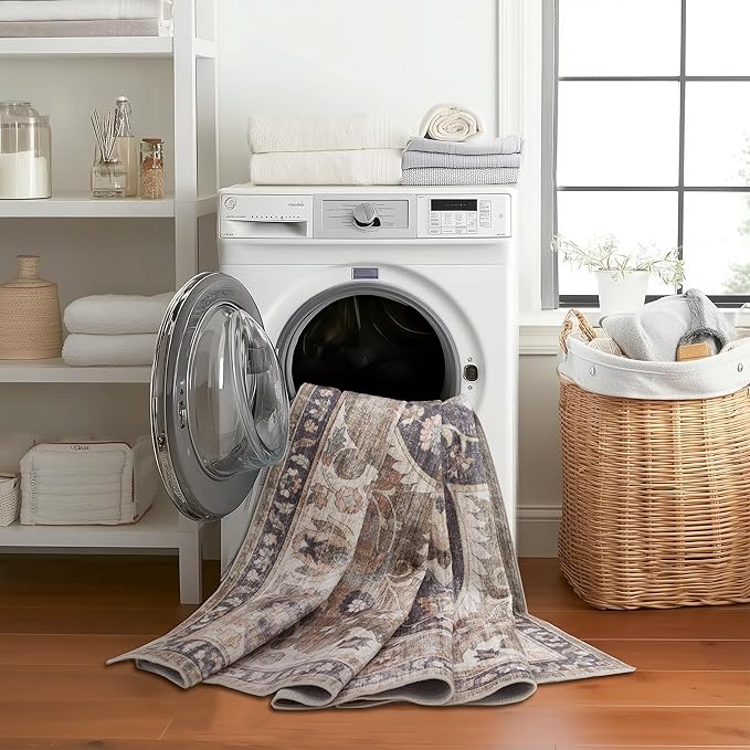 ReaLife Rugs Machine Washable Area Rug Runner - Living Room Bedroom Bathroom Kitchen Entryway Office - Padded Low Pile Stain Resistant Premium - Boho Farmhouse Vintage - Joy - Brown Beige 2'6" x 10'