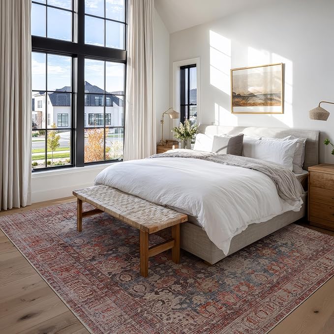 Kuden 8x10 Large Area Rug, Machine Washable Area Rug with Non-Slip Backing, Vintage Style, Soft, Easy Clean, Low Pile Rug for Living Room, Bedroom, Dining Room