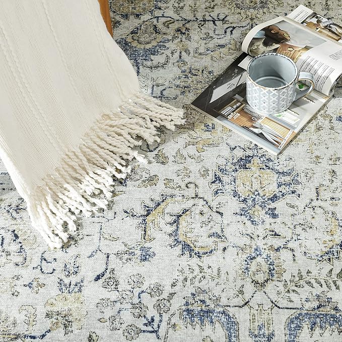 jinchan Kalen Area Rug 5x7 Washable Living Room Rug Vintage Indoor Floor Cover Retro Distressed Floral Country Boho Lightweight Non Slip Carpet for Kitchen Bedroom Dining Room Office Blue