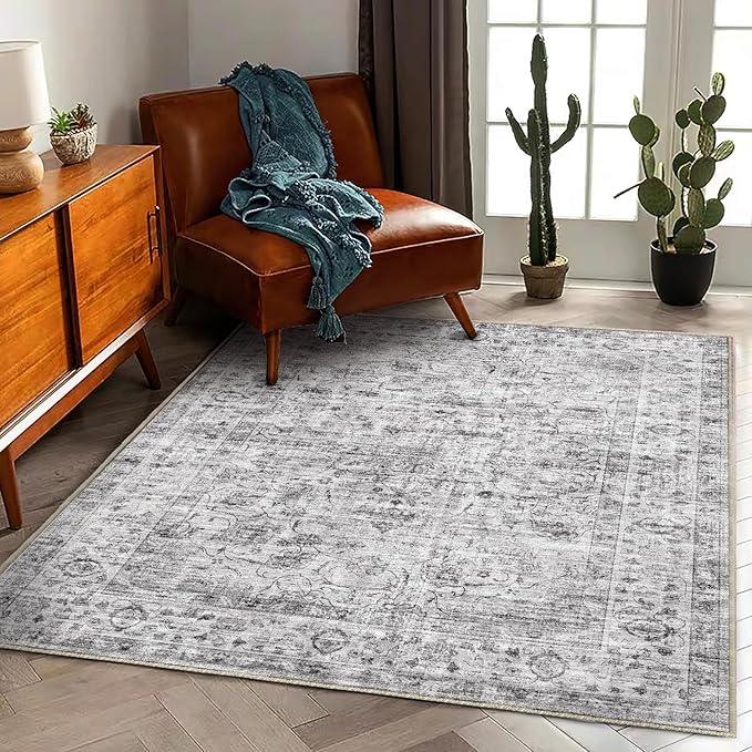 Washable Area Rug 4'x6' Vintage Traditional Floor Cover Foldable Thin Rugs Retro Kitchen Indoor Distressed Non Slip Carpet Floral Print Mat Bedroom Living Room