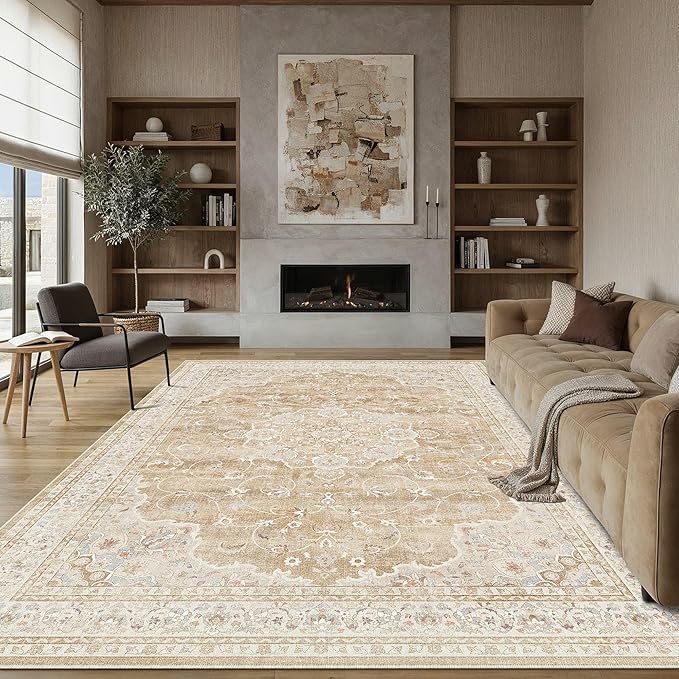 HUGEAR Machine Washable Area Rugs 6x9 Vintage Beige Brown Living Room Bedroom Rug Neutral Style Non Slip Stain Resistant Low Pile Throw Carpet for Home Retro Aesthetic Modern Decor