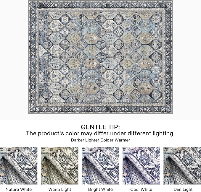 Bavni Washable Rug 5x7 Area Rug for Living Room Bedroom Dining, Washable Vintage Print Carpet, Ultra-Thin Chenille Low Pile Lightweight Rug with Non Slip Backing, Blue