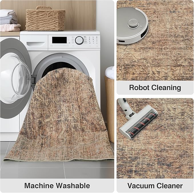 FMFUNCTEX 5x7 Washable Area Rug Neutral Vintage Rust Brown Distressed Non Slip Low Pile Traditional Indoor Carpet for Living Room Bedroom Soft Retro Throw Rug for Dining Office Kitchen Dorm Entryway