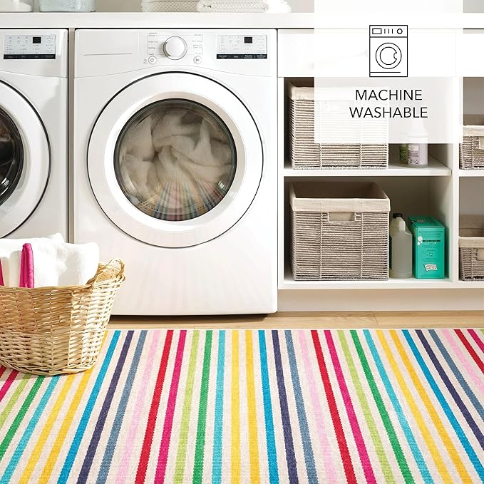 Dash and Albert Rainbow Machine Washable Area Rug - 2.5' x 8' Runner Multicolor Stripe Washable Accent Rug - Durable, High Traffic Kitchen, Mudroom, Hallways