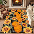 Autumn Style Area Carpet, 5x7ft, Checkered with Sunflower and Pumpkin Fall Harvest Large Flower Rug, Fluffy Short Pile Rubber Backed Farmhouse Door Mat for Study Room Front Door
