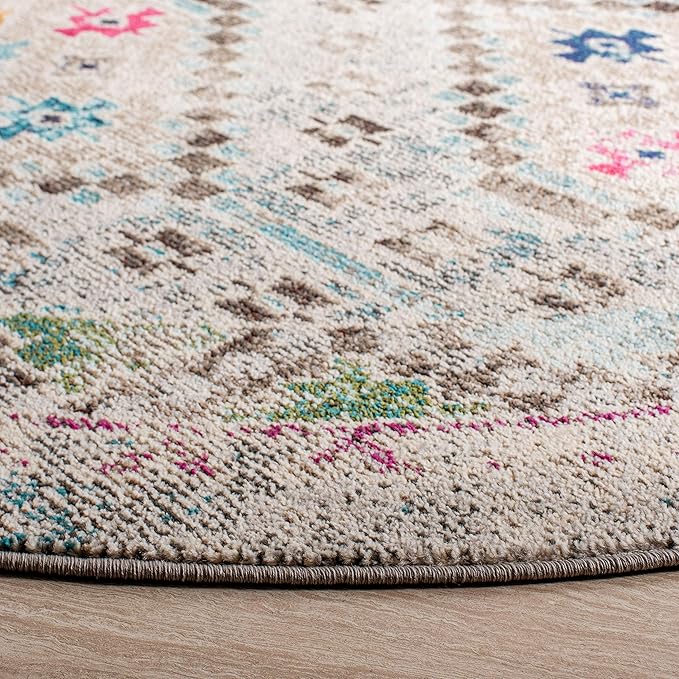 SAFAVIEH Madison Collection Area Rug - 6'7" Round, Grey & Yellow, Boho Diamond Distressed Design, Non-Shedding & Easy Care, Ideal for High Traffic Areas in Living Room, Bedroom (MAD418F)