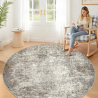 6ft Washable Round Rug - 6x6 Area Rugs Modern Abstract Rugs for Living Room Non-Slip Low Pile Soft Machine Washable Carpet for Bedroom, Living Room, Dining Room, Nursery, Farmhouse (6'x6' Brown Grey)