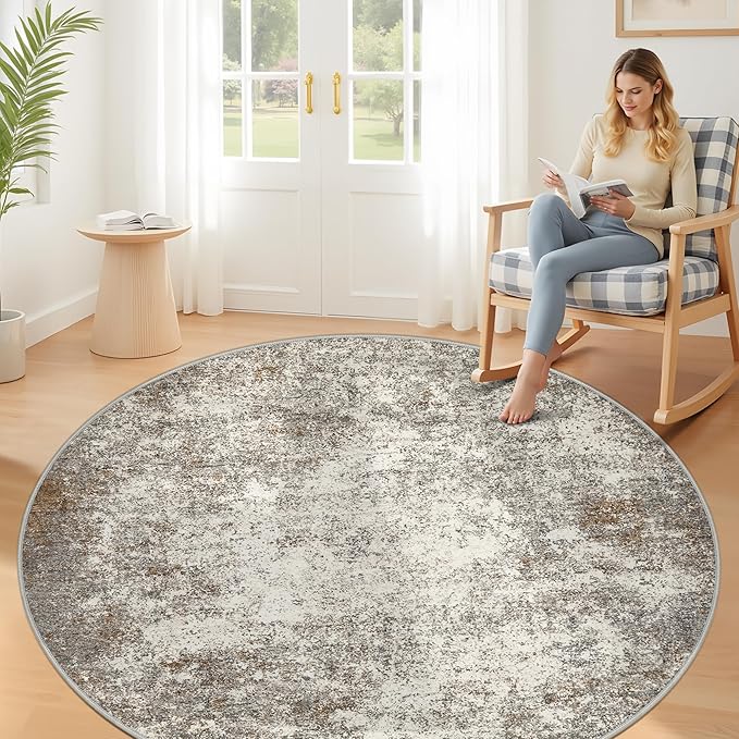 8ft Washable Round Rug - 8x8 Area Rugs Modern Abstract Rugs for Living Room Non-Slip Low Pile Soft Machine Washable Carpet for Bedroom, Living Room, Dining Room, Nursery, Farmhouse (8'x8' Brown Grey)