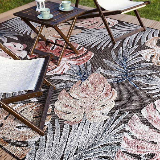 CAMILSON Indoor Outdoor Rug, Brown 4x6 Leaf Tropical Botanical Area Rugs for Indoor and Outdoor patios, Easy-Cleaning Non-Shedding Living Room, Garden and Kitchen Washable Outside Carpet (4 x 6)