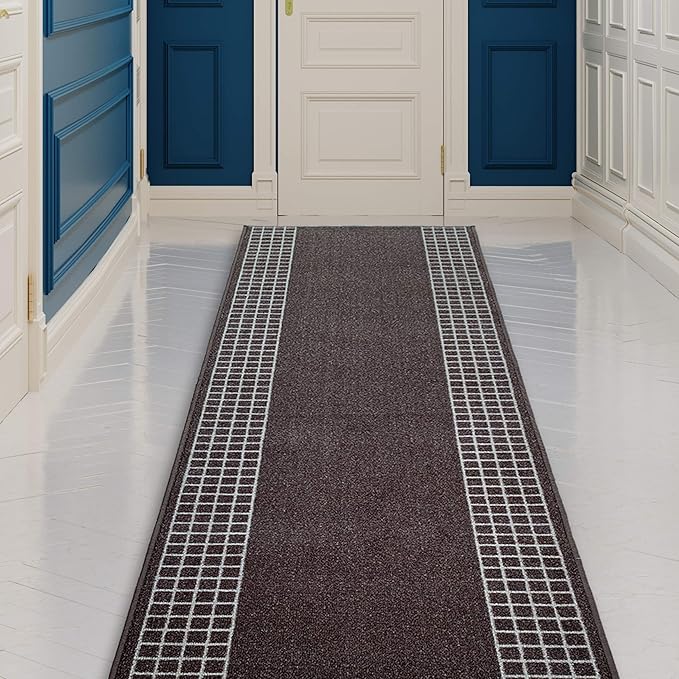 Custom Made Runner Rug for Kitchen Foyer Hallway Entry Choose Your Length 26 Inch Wide Geometric Checkered Design Brown Color (42 feet x 26 inch)