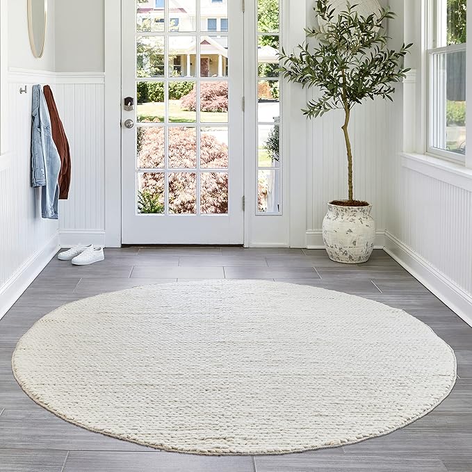 Nuloom Penelope Off-White/Ivory, 8' Round, Hand-Braided, Wool & Cotton, Soft and Textured, High Traffic, Stain Resistant, Easy Clean, Durable Area Rug for Bedroom, Living Room, Dining, Entryway