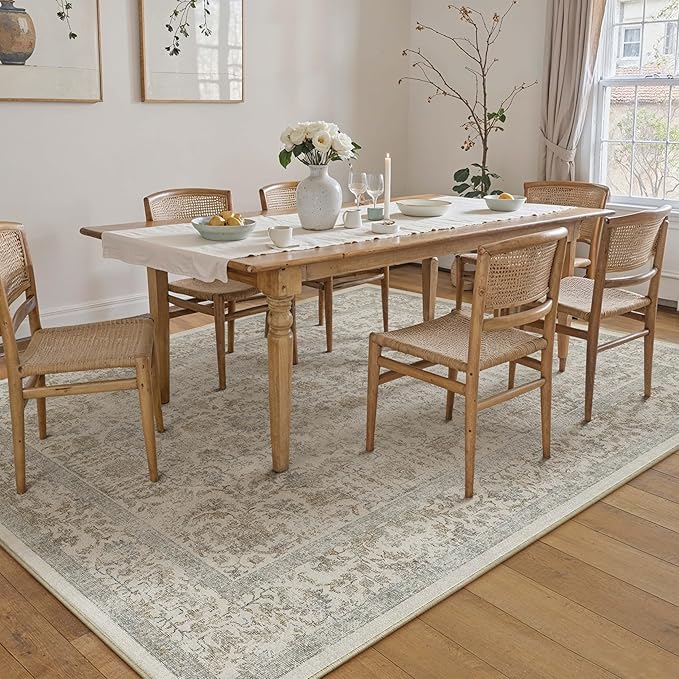 Taupe Area Rug 9x12 Machine Washable Large Vintage Living Room Distressed Non Slip Carpet Traditional Indoor Bedroom Retro Floral Accent Throw Rug for Office Kitchen Dining Room
