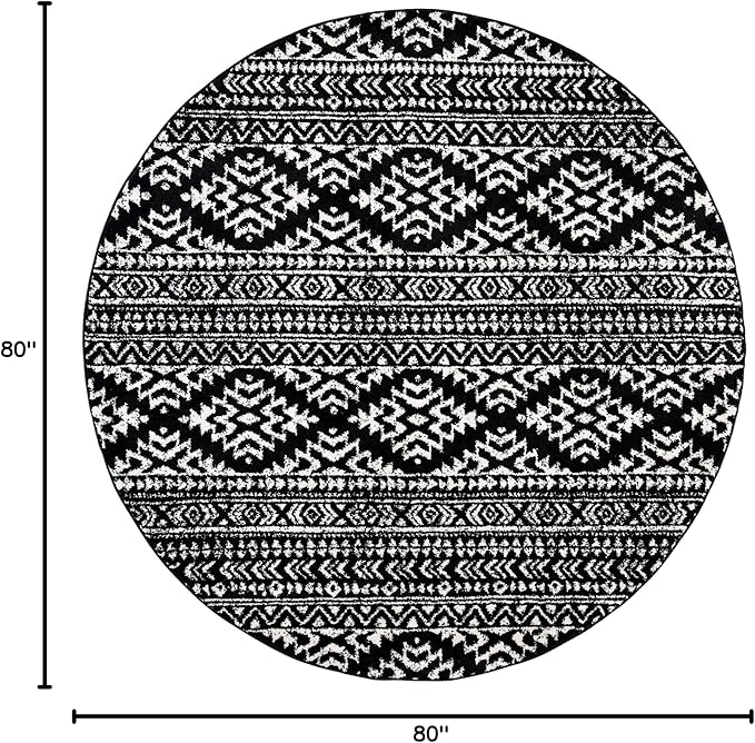 SAFAVIEH Tulum Collection Area Rug - 6'7" Round, Black & Ivory, Moroccan Boho Tribal Design, Non-Shedding & Easy to Clean, Ideal for Living Room, Bedroom, Dining Space (TUL272Z)