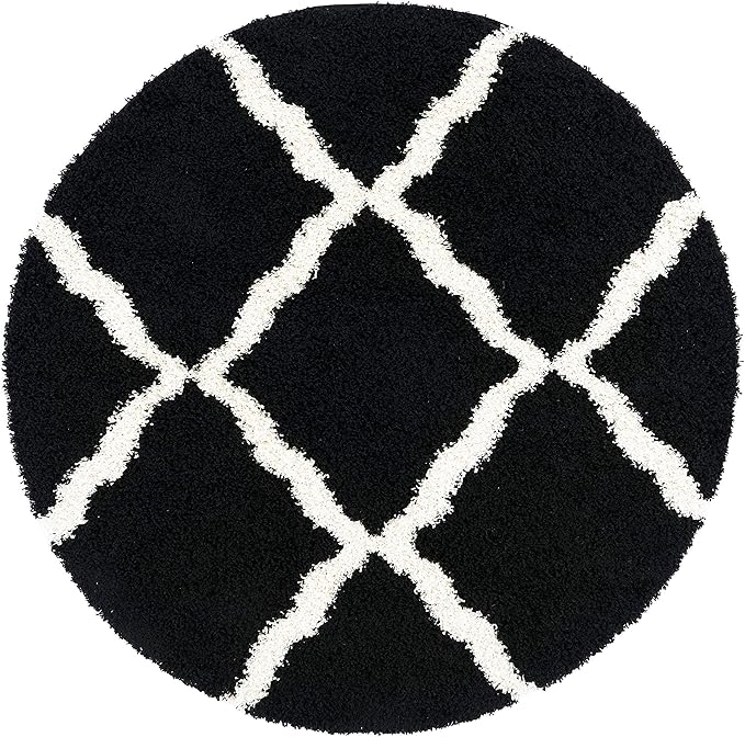 SAFAVIEH Dallas Shag Collection Area Rug - 6' Round, Black & Ivory, Trellis Design, Non-Shedding & Easy Care, 1.5-inch Thick Ideal for High Traffic Areas in Living Room, Bedroom (SGD257Z)