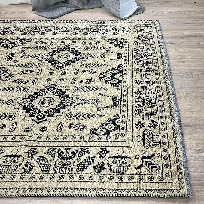 Alfa Rich 7x10 Beige Black Washable Area Rugs for Living Room Bedroom Kitchen Dining Cotton Rug