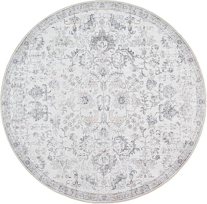 jinchan Kalen Round Rug 8ft Area Rug Washable Vintage Indoor Retro Floor Cover Distressed Gray Floral 8' Round Circle Boho Non Slip Thin Carpet for Living Room Dining Room Bedroom Kitchen Grey