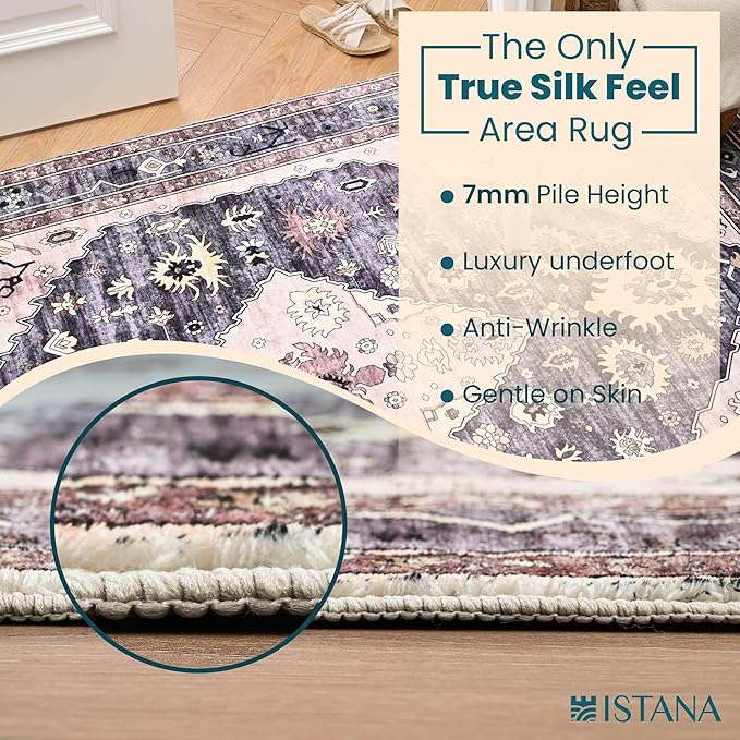Istana 4x6 Rug - Dark Grey Blue & Rose Mauve Area Rugs 4x6 - Kid & Pet Friendly Machine Washable Rugs - 4 x 6 Area Rug Non Slip & Non Shedding Area Rug - Foldable Rug for Room for Bedroom