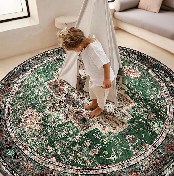 Round Rug 6ft for Bedroom, Green Washable Circle Rug Non-Slip Boho Area Rug 6' Round Carpet for Dining Room Kitchen Dorm Bathroom Low Pile Soft