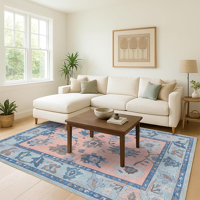 Fame Living Modern Oushak Rug, Vintage, Turkish, Eclectic, Floral, Pastel, Washable, Large Area Rugs for Living Room, Dining, Bedroom, Girls, Boys, 7'5"x9'8"