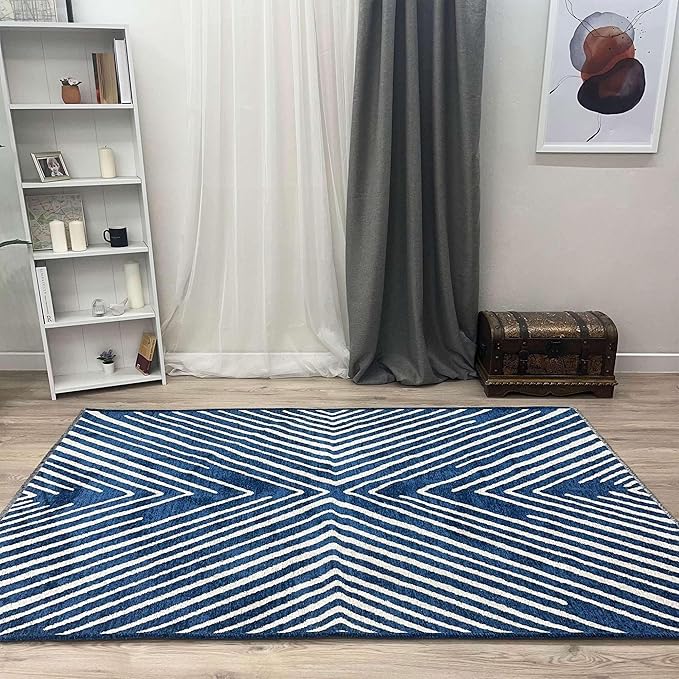 Alfa Rich 3x5 Geometric Navy Blue Off White Washable Area Rugs for Living Room Bedroom Cotton Runner