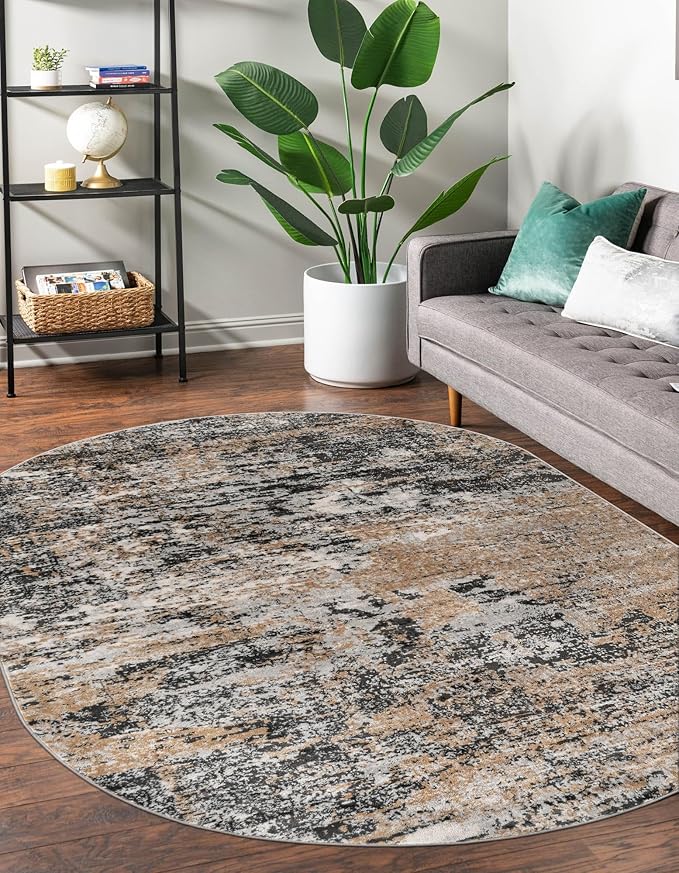 Rugs.com Leipzig Collection Rug – 5x8 Oval Beige Low-Pile Rug Perfect for Living Rooms, Large Dining Rooms, Open Floorplans