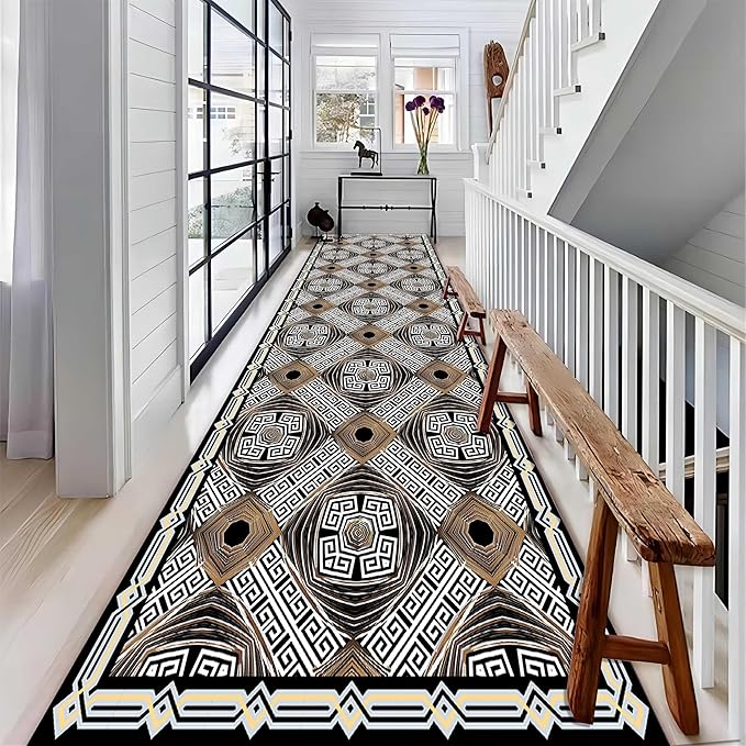 Abstract Black White Geometric Runner Rug, 2x8ft, Luxury Greek Key Rugs for Home Decorative, Greek Spiral Texture Home Decor Non Slip Rugs, Washable Soft Reduce Noise Mat for Bedroom