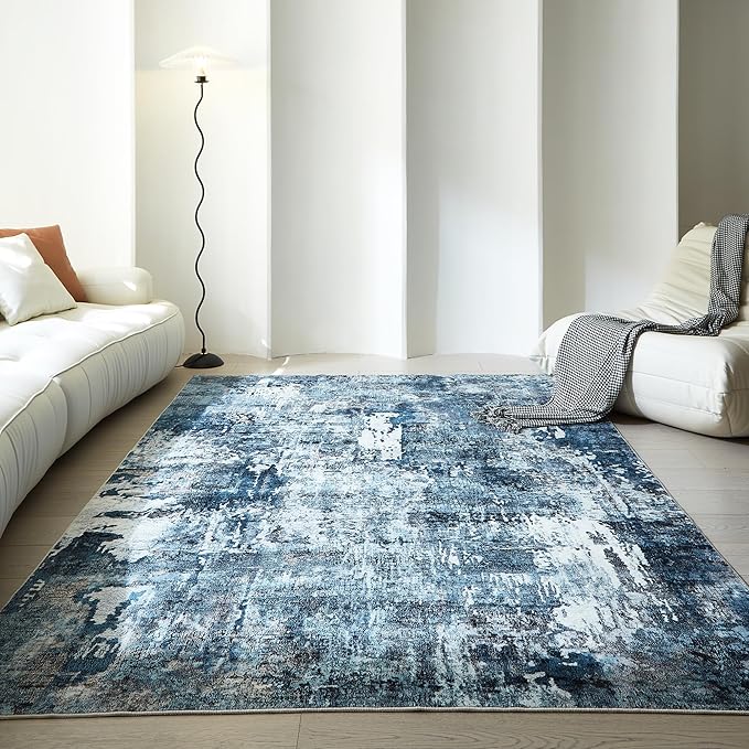 Rugcomf 6x9 Washable Bedroom Boho Rug - Soft, Non-Slip, Non-Shedding Faux Wool Vintage Pattern for Living Room, Farmhouse, Dining Room, Kids Playroom - Blue