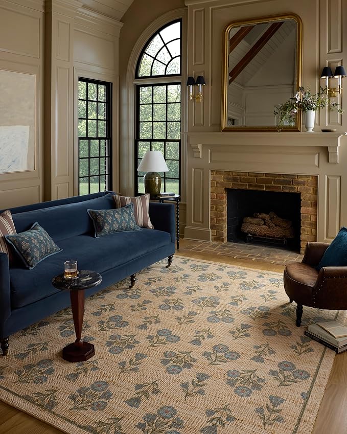 Loloi Chris Loves Julia Rue Collection RUE-04 Moss/Blue 2'-3" x 3'-9" Accent Rug Jute Neutral Floral Living Room Bedroom Rug