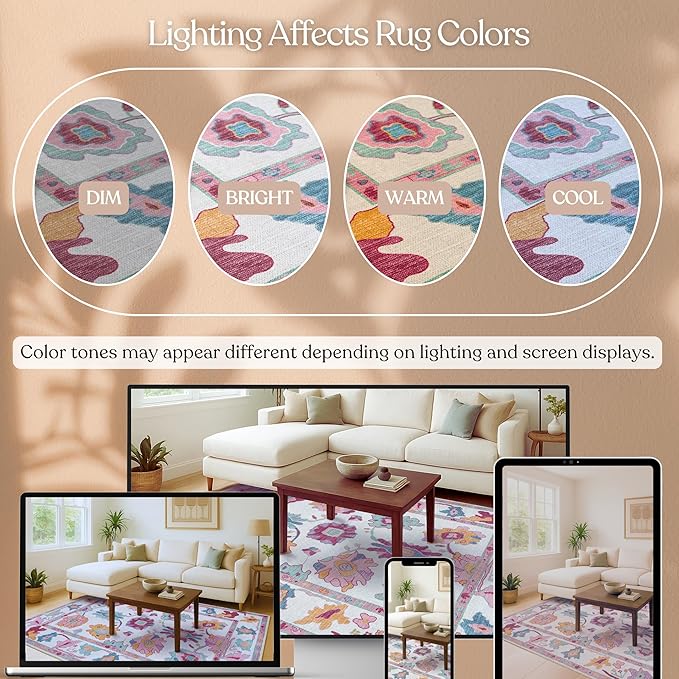 Fame Living Pink Oushak Rug, Modern, Vintage, Turkish, Eclectic, Floral, Pastel, Washable, Large Area Rugs for Living Room, Dining, Bedroom, Girls, Boys, 7'5"x9'8"