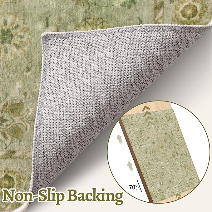 Tangsoo 8x10 Area Rug for Living Room, Washable Floral Vintage Indoor Non Slip Large Area Rugs, Print Distressed Flaxen Green Carpet, Soft Low Pile Foldable Floor Rugs for Bedroom Dining Room