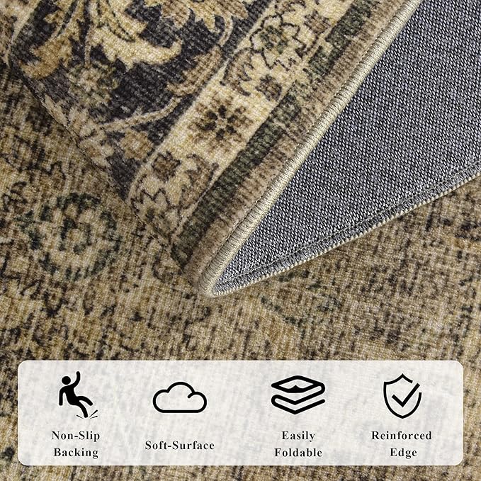 Washable Area Rug 6x9 Brown Rugs for Living Room, Vintage Boho Large Rug for Bedroom Dining Room Office, Distressed Floral Print Carpet for Under Table, Soft Non Slip Low Pile Throw Carpet Indoor Mat