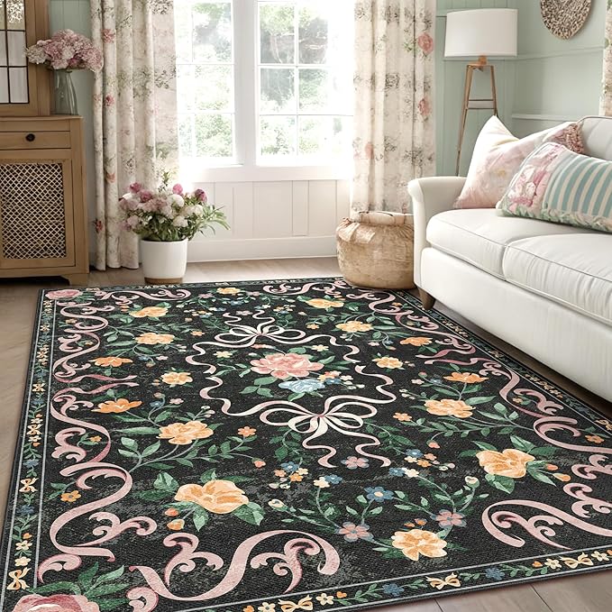 Black Rug Bow Floral Rug 3x5, Washable Boho Area Rugs Non Slip Low Pile Carpet for Girls Room Bedroom, Bedside, Kitchen, Entryway, Kids Room, Soft Ultra-Thin Indoor Elegant Rugs