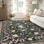 Black Rug Bow Floral Rug 3x5, Washable Boho Area Rugs Non Slip Low Pile Carpet for Girls Room Bedroom, Bedside, Kitchen, Entryway, Kids Room, Soft Ultra-Thin Indoor Elegant Rugs