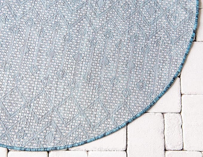 Unique Loom Outdoor Trellis Collection Area Rug - Tribal Trellis (4' 1" Round, Teal/ Ivory)