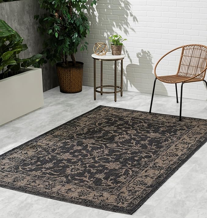 FH Home Outdoor Rug - Waterproof Easy to Clean Stain Resistant - Patio Indoor Outdoor Porch Deck Balcony Entryway - Vintage Distressed - Antalya - Gray - 5ft 2in x 7ft 6in