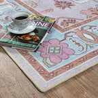 Fame Living Pink Oushak Rug, Modern Small Rugs, Vintage, Turkish, Eclectic, Floral, Pastel, Washable, Door Mat, Doormat for Indoor Entrance, Entryway, Kitchen, Bathroom, Bedroom, Laundry, 2'x3'