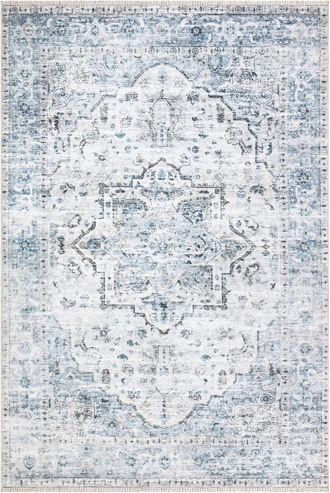 Bloom Rugs Caria Washable Non-Slip 8x10 Rug - Ivory/Blue/Gray Traditional Area Rug for Living Room, Bedroom, Dining Room, and Kitchen - Exact Size: 7'8" x 10'