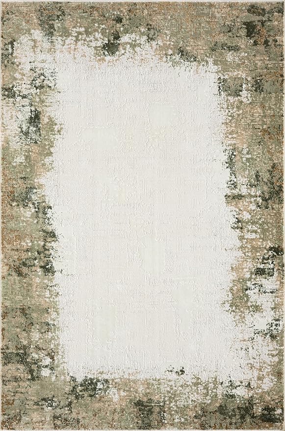 Abani Beige with Green Border Washable Area Rug – 2' x 3' – Classic Textured Design – Ivy Collection – Non-Shedding, Easy to Clean – Durable for High Traffic Areas – Living Room & Bedroom