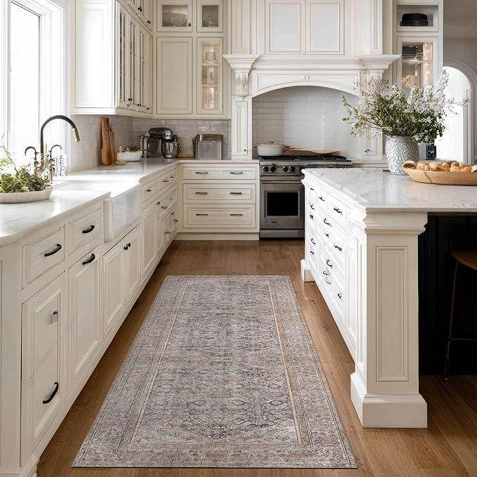 Kuden 2'6"x7' Runner Rug, Machine Washable Area Rug with Non-Slip Backing, Vintage Style, Soft, Easy Clean, Low Pile Rug for Hallway, Entryway, Kitchen, Bedroom