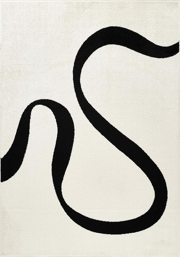 Abani Abstract Beige/Black Area Rug - 9'x12' - Modern Curved Line Design - Deco Collection - Easy to Clean - Durable for High Traffic Areas - Living Room, Dining Room - Medium Pile