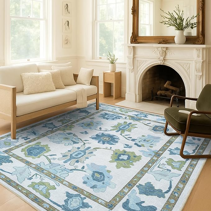 Fame Living Green Oushak Runner Rug, Modern Runners, Vintage, Turkish, Eclectic, Floral, Pastel, Washable, Runner for Hallway, Kitchen, Bedroom, Bathroom, 2'5"x9'8"