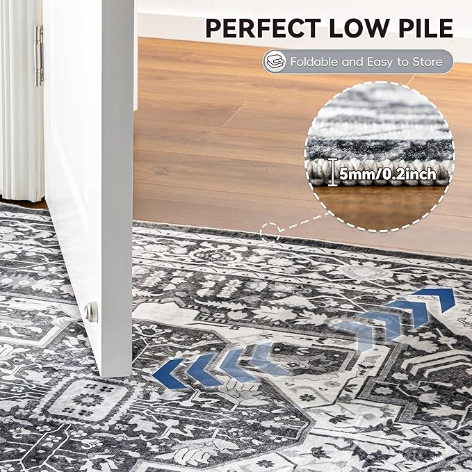 EnHomee 4x6 Washable Area Rugs for Bedroom, Boho Vintage Rugs, Foldable Area Rug for Dining Room, Non-Slip Soft Living Room Rug, Low Pile Large Carpet for Bathroom, Grey