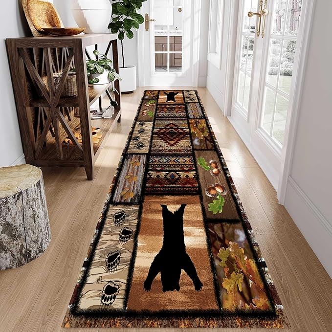 Wild Animal Bear Long Runner Rug, 4x10ft, Brown Geometric Stitching Non-Slip Kitchen Mat, Animal Bear and Plant Pine Cone Autumn Leaf Print Entrance Carpet, Southwest Country Style Indoor Decoration