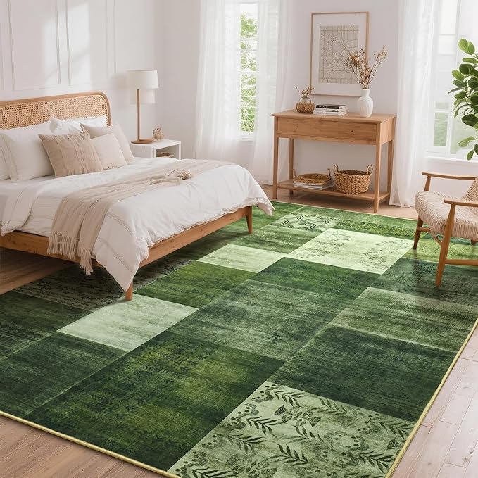 Tepook Modern Area Rug for Living Room, 6x9 Geometric Large Rugs for Bedroom, Washable Patchwork Rug Indoor Non-Slip Throw Carpets for Dining Room Office Farmhouse Home Decor, Green
