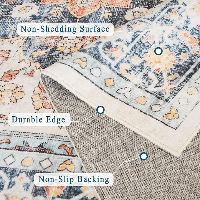 vivorug 4x6 Rug, Boho Small Area Rug for Living Room, Bedroom, Kitchen, Machine Washable Non-Slip Throw Rug, Vintage Floral Carpet for Entryway Nursery Coffee Table - Durable (Orange/Navy)