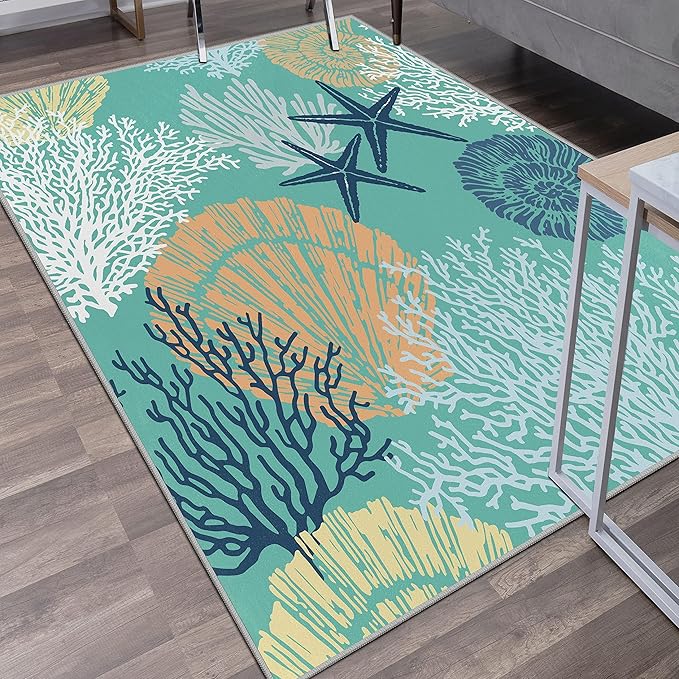 Tritard Coastal Area Rugs Nautical Beach Themed Non-Slip Machine Washable Rugs Modern Floor Carpet for Living Room Bedroom, 8x10, Teal and Turquoise