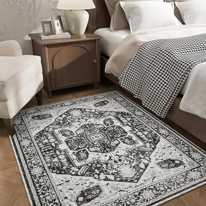 EnHomee 4x6 Washable Area Rugs for Bedroom, Boho Vintage Rugs, Foldable Area Rug for Dining Room, Non-Slip Soft Living Room Rug, Low Pile Large Carpet for Bathroom, Grey
