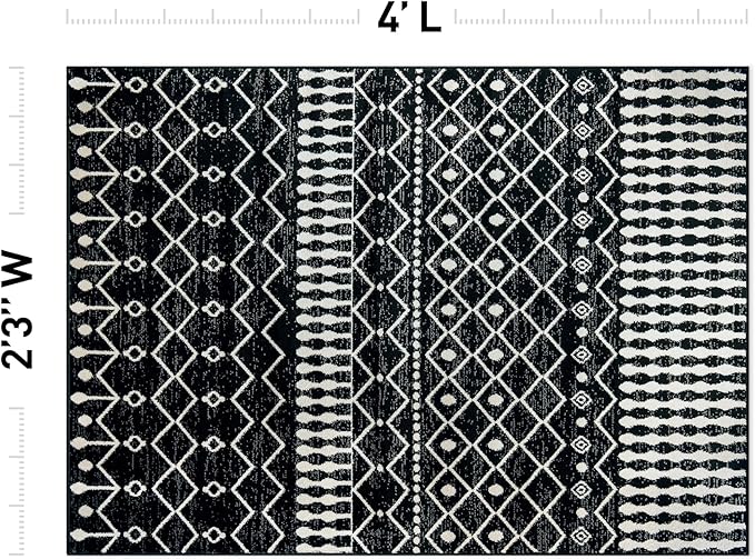 Rugshop Boho Black and White Tribal Area Rug – Geometric Diamond and Stripe Pattern Carpet for Living Room, Bedroom, or Entryway – Soft Modern Bohemian Floor Décor 2' 3" x 4' Black