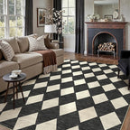 8x10 Checkered Area Rugs for Living Room Black Machine Washable Large Rug Non-Slip Stain Resistant Low Pile Boho Accent Indoor Throw Carpet for Bedroom Dining Room Home Aesthetic Decor