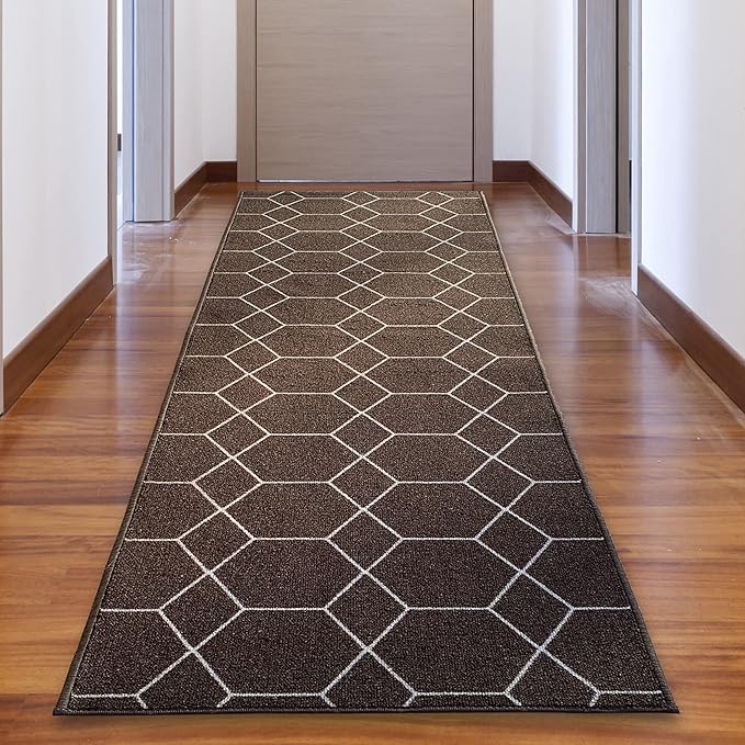 Custom Made Runner Rug for Kitchen Foyer Hallway Entry Choose Your Length Size 26 Inch Wide Geometric Lattice Design Brown Color (2 feet x 26 inch)